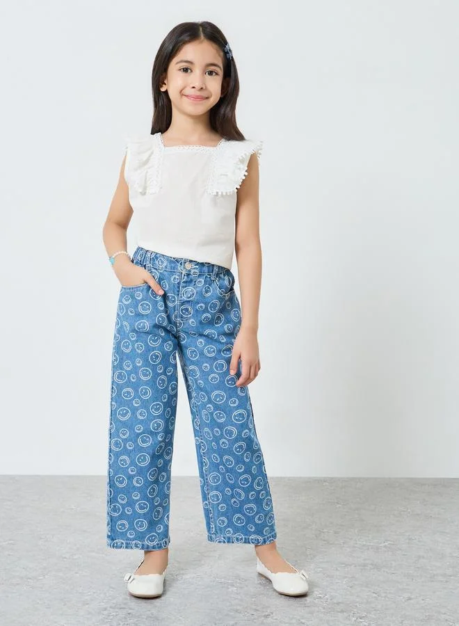 Styli Girls Blue Smiley Face Print Wide Leg Jeans